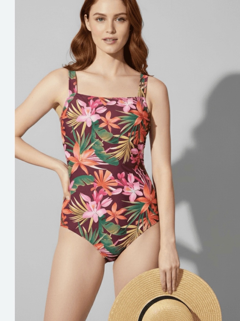 Shade & Shore Tropical Floral One-Piece Swimsuit - Burgundy, Pink, Green